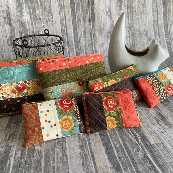 Patchwork Quilted Zipper Pouch - Choice of sizes and zipper colors - Brown Orange Green Teal