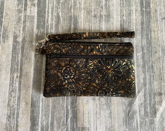 Smartphone iPhone Cell Phone Case, Double Pocket Wristlet, Detachable Strap, Black with Brown and Gold Floral Batik