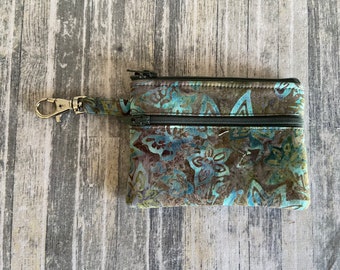 Small Zippered Wallet Card Change Purse Gadget Case Double Zip Wallet Pouch Sage Green and Brown Leaves Batik