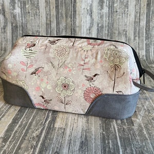 Large Cosmetic Toiletry Multipurpose Knit Crochet stitching project case Andalusian Pouch Pretty birds on Trees Pale Pink and Gray image 3
