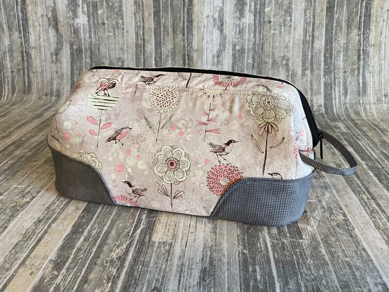 Large Cosmetic Toiletry Multipurpose Knit Crochet stitching project case Andalusian Pouch Pretty birds on Trees Pale Pink and Gray image 3