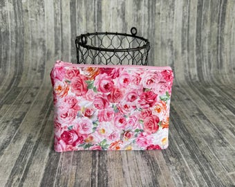 Floral Cotton Cosmetic Case: Red & Pink Roses - Zippered Travel Pouch