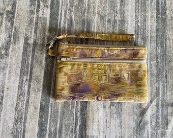 Smartphone iPhone Cell Phone Case, Double Pocket Wristlet, Detachable Strap, Purple and Yellow Gold Batik