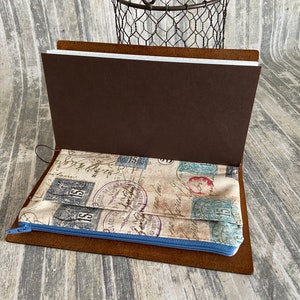 Zippered Insert for Midori Travelers Notebook, Choose your Size - Travel Stamps with Blue Accents