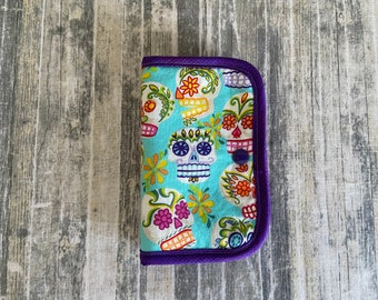 ORT thread catcher floss saver snap closure needle landing pad project helper cross stitch aid folding wallet Colorful Sugar Skulls