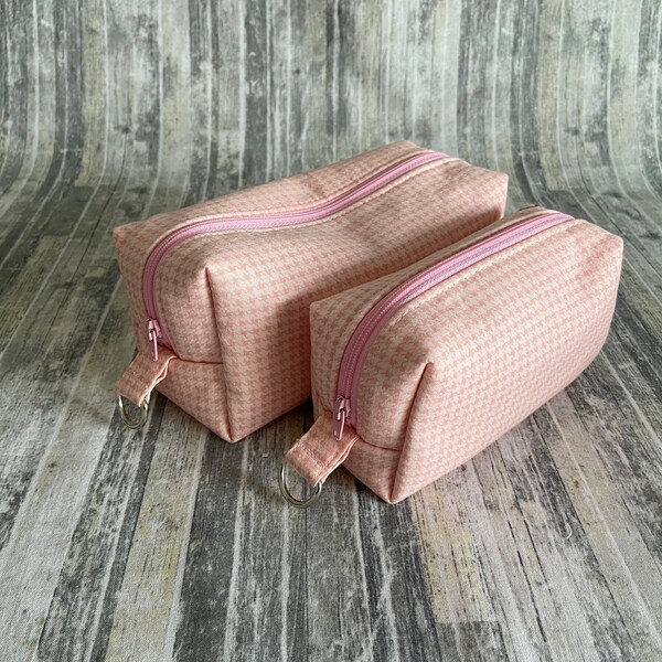 Small Zipper Box Pouch Project or Travel Case Pink Houndstooth