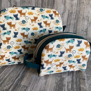 Cat Print Cosmetic Pouch: Teal Cork Accents, Two Sizes