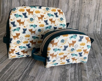 Cat Print Cosmetic Pouch: Teal Cork Accents, Two Sizes