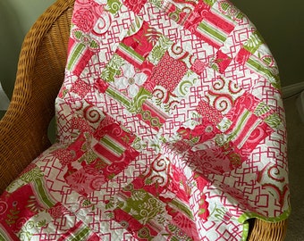 Pink Green and White Lap or Baby Size Patchwork Quilt