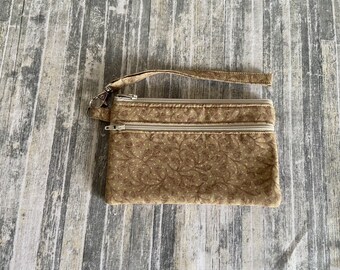 Smartphone iPhone Cell Phone Case, Double Pocket Wristlet, Detachable Strap, Brown Tan and Gold Floral Print