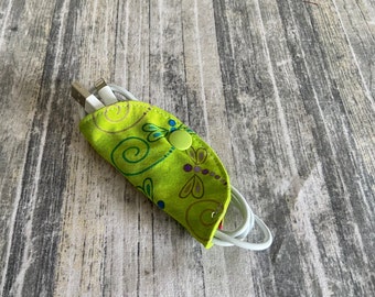 Cord Keeper Cord Taco Cord saver Cord Holder Travel cord case cord organizer Bright Lime Green with Dragonflies