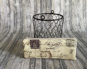 Cosmetic Case, Cord Case, Bridesmaid Gifts, All-Purpose Zipper Case, Tan and Brown Travel Stamps