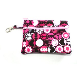 Larger Zippered Wallet Card Change Purse Gadget Case Double Zip Wallet Pouch Pink and Brown Peace Love and Flower Power image 2