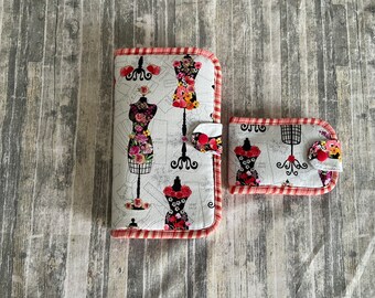 Two Piece Set Sewing Organizer Pouch and Needle Book Flowery Dress Form Fabric