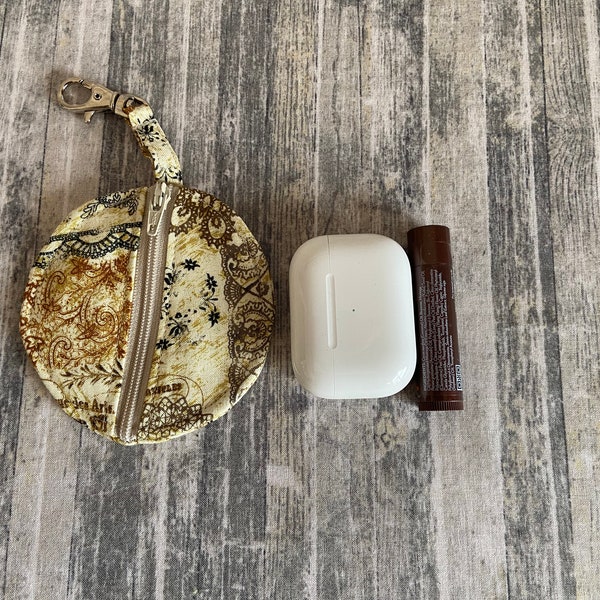 Ear bud / chapstick / lipbalm / change pouch on key clasp Cream and Brown Lacy pattern