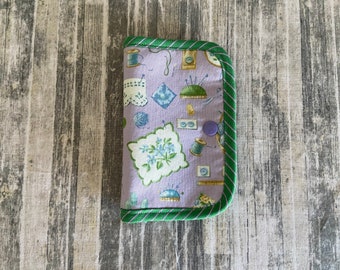 ORT thread catcher floss saver snap closure needle landing pad project helper cross stitch aid folding wallet Sewing items on light purple