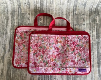 Large Vinyl Window project bag  with handle for your Cross Stitch, Embroidery, stitching fits Q-Snap or hoop Piecekeeper Roses Pink Polka