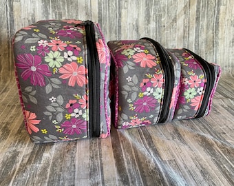 Crimson and Clover Train Case Cosmetic Case Makeup Bag Travel Bag Choose from Three sizes Pink and Gray Floral