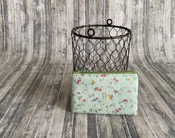 Pocket Zipper Case, Change Purse, Card Case, Small Flowers on Pale Green