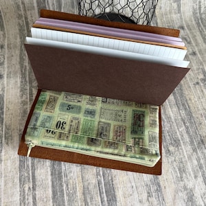 May include: A brown leather traveler's notebook featuring multiple paper inserts and a zippered fabric pouch attached to the interior. The pouch is light green with a repeating pattern of vintage-style tickets in various shades of green and brown.