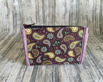 Purple and Brown Paisley Small Booklet Pouch  transparent vinyl pockets, zipper pouch, project bag, craft bag, journaling storage