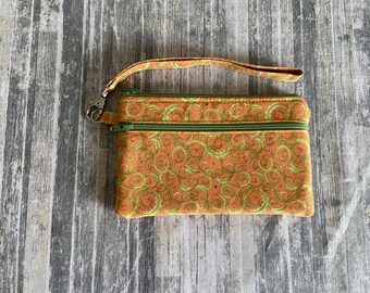 Smartphone iPhone Cell Phone Case, Double Pocket Wristlet, Detachable Strap, Orange with Lime Green Swirls