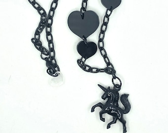 Black Gothic Unicorn Necklace w Asymmetrical Black Hearts