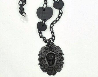 Gothic Black Skull Cameo Necklace w Asymmetrical Black Hearts