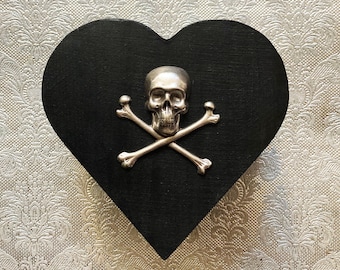 Gothic Black Heart Jewelry Box with Silver Skull & Crossbones / Gothic Gift