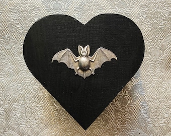 Gothic Black Heart Trinket Box with Silver Bat / Jewelry Box / Gothic Gift