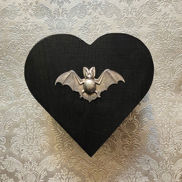 Gothic Black Heart Trinket Box with Silver Bat / Jewelry Box / Gothic Gift