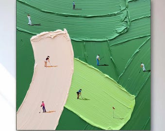 Green Abstract Golf Course Painting, Textured Golf Art Canvas