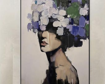 Abstract Woman Portrait Painting, Large Figurative Canvas Art, Framed