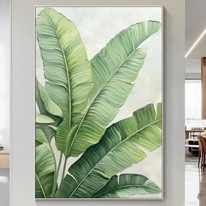 Pintura texturizada de hojas verdes originales sobre lienzo Arte de pared minimalista verde Pintura de paisaje de hojas Pintura minimalista verde Decoración de pared bohemia