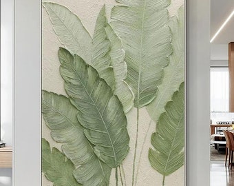 Minimalist Green Leaves Painting on Canvas, Modern Textured Wall Art