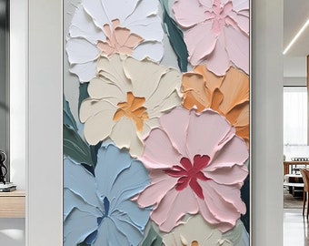 以下が含まれることがあります： ピンク、ブルー、ホワイト、イエロー、オレンジの色合いの花束の絵。花はテクスチャのあるスタイルで描かれており、立体的な外観を与えています。