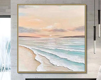 Textured Ocean Sunset Painting on Canvas, Beach Landscape Wall Art