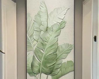 3D Green Leaves Painting on Canvas, Minimalist Textured Wall Art