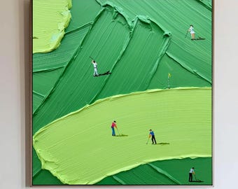 May include: Abstract painting of a golf course with green and yellow brushstrokes and tiny figures of golfers playing on the course.