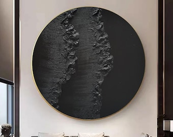 Textured Black Circle Painting, Abstract Wabi-Sabi Wall Art