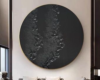 Textured Black Circle Painting, 3D Minimalist Wall Art