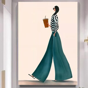 May include: Illustration of a person walking, holding a coffee cup. The person is wearing a black and white striped top, teal wide-leg trousers, and sunglasses. The artwork is a modern, minimalist style, with a neutral background.