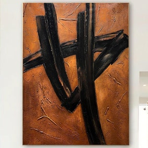 Brown Black Texture Abstract Painting on Canvas Wabi Sabi Wall Art Brown Minimalist Wall Art for Livingroom Black Abstract Wall Art