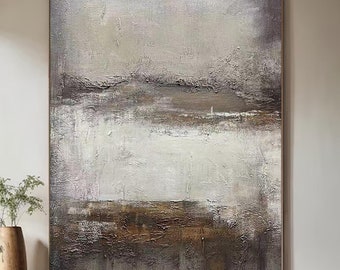 Pintura abstrata minimalista bege, tela vertical de grandes dimensões para parede.