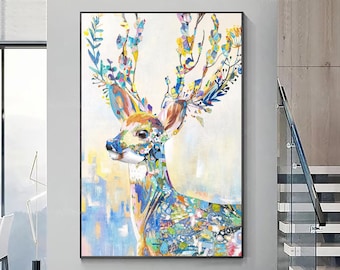 森の鹿の絵画、オリジナルアート、すぐに掛けられる、鹿の肖像画