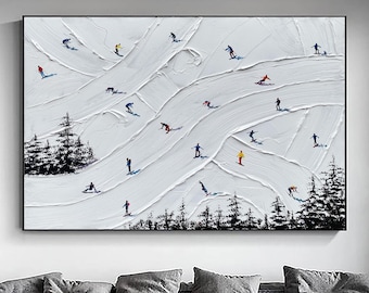 3D Skiing Art | Textured Plaster Painting, Framed Gift