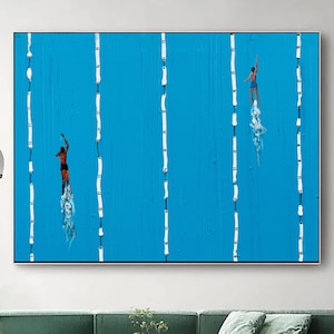 Large Blue Texture Painting Double Swimming Painting Art Minimalist Swimmer Painting Swimmers Gift Blue Summer Canvas Pool Wall Decor Art