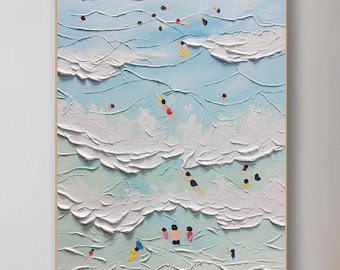 Textured Surfing Painting, Summer Beach Wall Art, Coastal Decor