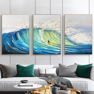 Conjunto de 3 pinturas originais de surfe em tela, pintura personalizada, textura, arte de parede, paisagem de surfe, arte de parede, ondas azuis do oceano, decoração de parede do quarto