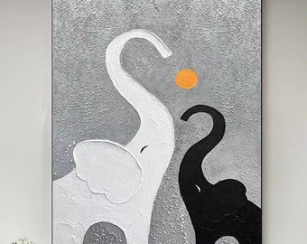 Abstract Elephant Painting, Gray Minimalist Wabi-Sabi Mural, Living Room Decor